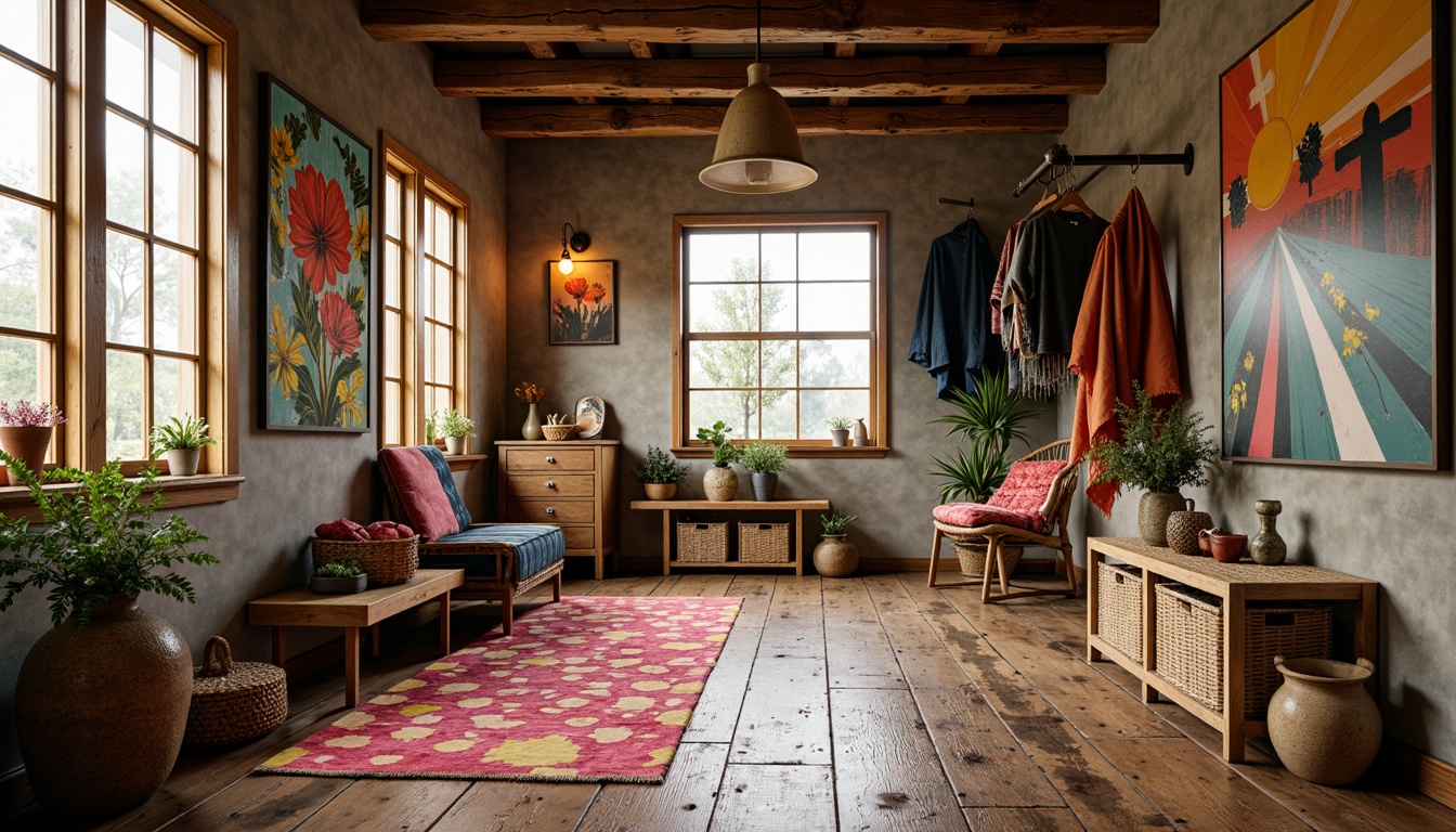 Prompt: Vibrant mudroom interior, expressionist art-inspired decor, rustic wooden flooring, distressed planks, earthy tone colors, natural stone accents, woven baskets, vintage furniture pieces, eclectic accessories, bold patterned rugs, textured throw blankets, warm ambient lighting, 1/1 composition, soft focus, realistic textures, atmospheric fog.