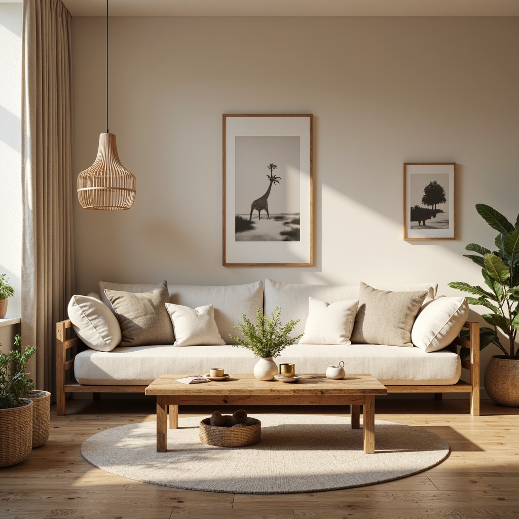 Prompt: Cozy living room, warm beige walls, light wood flooring, minimalist decor, soft cream-colored sofas, natural linen upholstery, rustic wooden coffee table, pendant lamp, brass accents, warm white lighting, ambient glow, 1/1 composition, shallow depth of field, realistic textures, Nordic-inspired patterns, woven baskets, greenery plants, soft morning light, calm atmosphere.