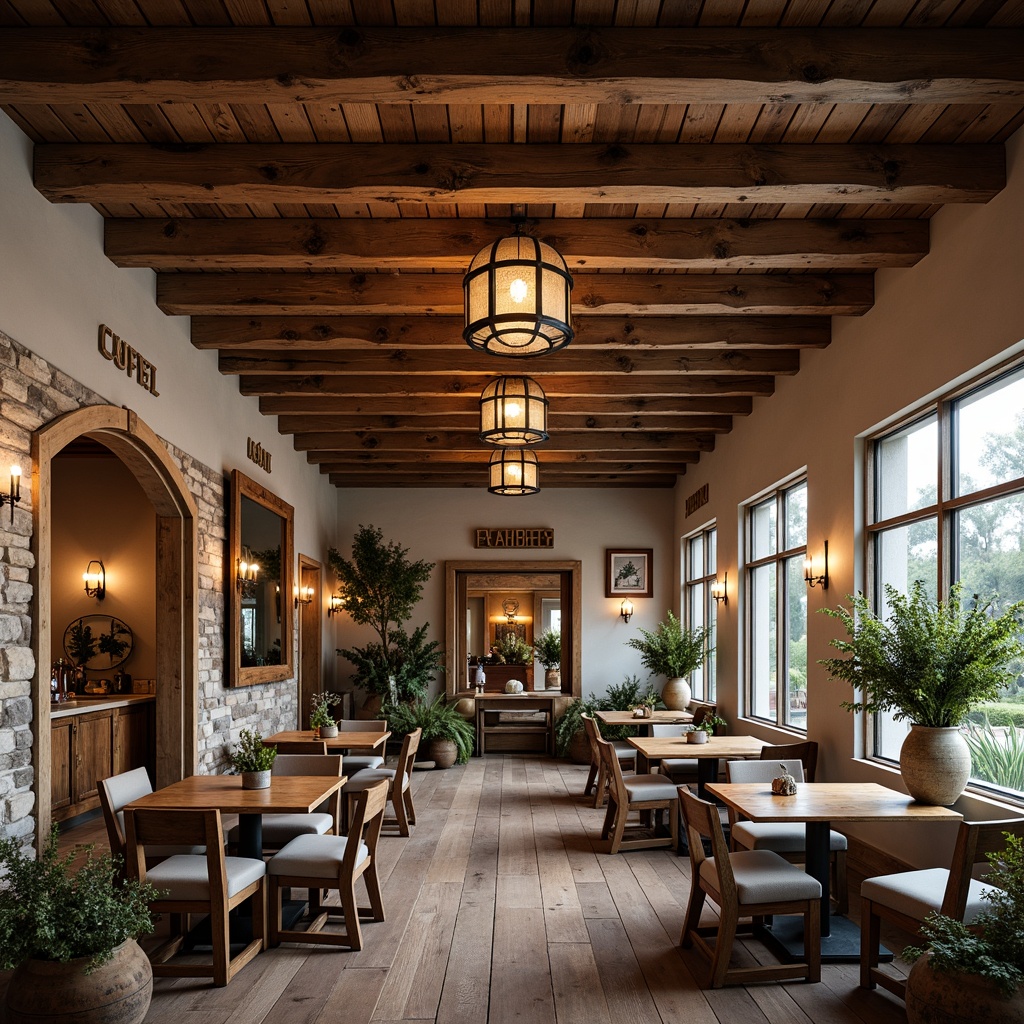 Prompt: Rustic wooden beams, vintage metal lanterns, distressed wooden tables, comfortable cushioned chairs, earthy color palette, natural stone walls, reclaimed wood accents, elegant chandeliers, farmhouse-inspired signs, antique decorative items, greenery-filled vases, soft warm lighting, shallow depth of field, 3/4 composition, panoramic view, realistic textures, ambient occlusion.