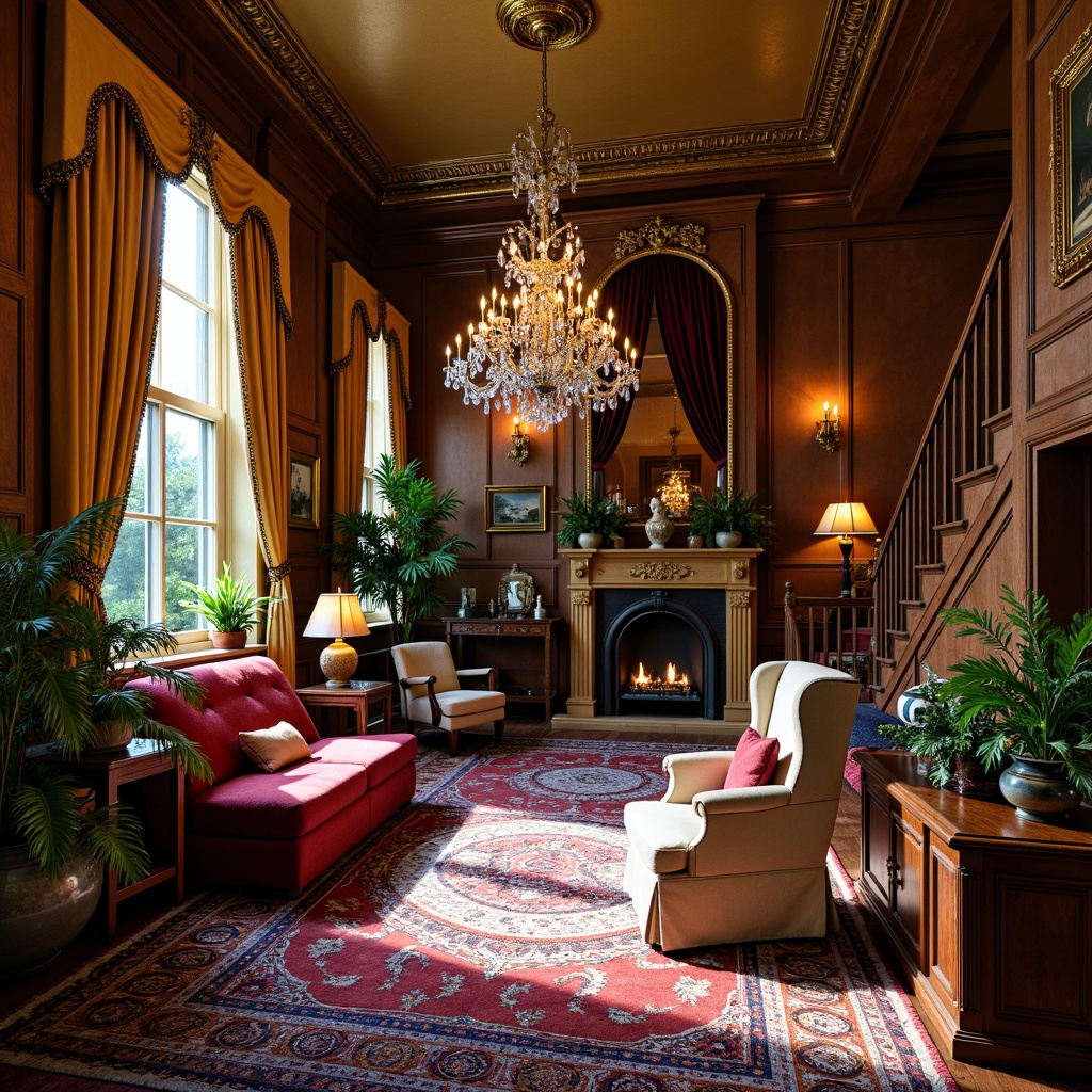 Prompt: Opulent Victorian mansion, rich jewel-toned walls, warm golden drapery, luxurious velvet furnishings, intricately patterned rugs, ornate wooden accents, crystal chandeliers, soft candlelight, muted earthy tones, deep crimson reds, emerald greens, majestic blues, creamy whites, lavish gold leaf details, intricate moldings, carved wooden paneling, plush upholstery, dramatic high ceilings, grand staircases, ornate mirrors, exquisite ceramic vases, lush greenery, warm afternoon sunlight, soft focus, 1/2 composition, realistic textures.