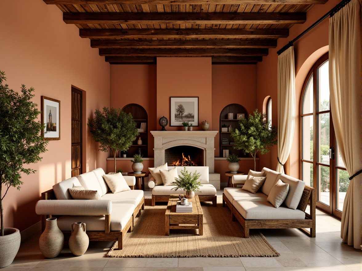 Prompt: Warm Mediterranean family room, earthy terracotta walls, distressed wood furniture, soft golden lighting, plush velvet sofas, natural linen upholstery, woven jute rugs, vintage ceramic vases, lush greenery plants, rustic stone fireplaces, wooden ceiling beams, cozy reading nooks, warm beige curtains, soft cream-colored marble floors, elegant archways, sunny afternoon ambiance, shallow depth of field, 3/4 composition, realistic textures, ambient occlusion.