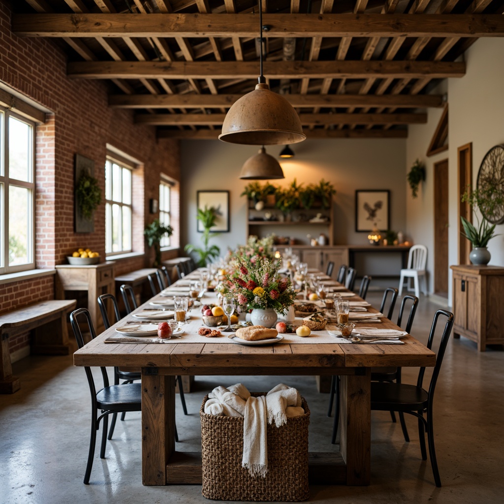 Prompt: Rustic wooden tables, vintage metal chairs, natural linen tablecloths, distressed finishes, earthy color palette, farmhouse-inspired decorations, wildflower centerpieces, pendant lighting fixtures, exposed beam ceilings, brick walls, reclaimed wood accents, cozy throw blankets, woven baskets, ceramic vases, autumnal fruit arrangements, warm candlelight, shallow depth of field, 1/2 composition, soft focus effect, realistic textures.