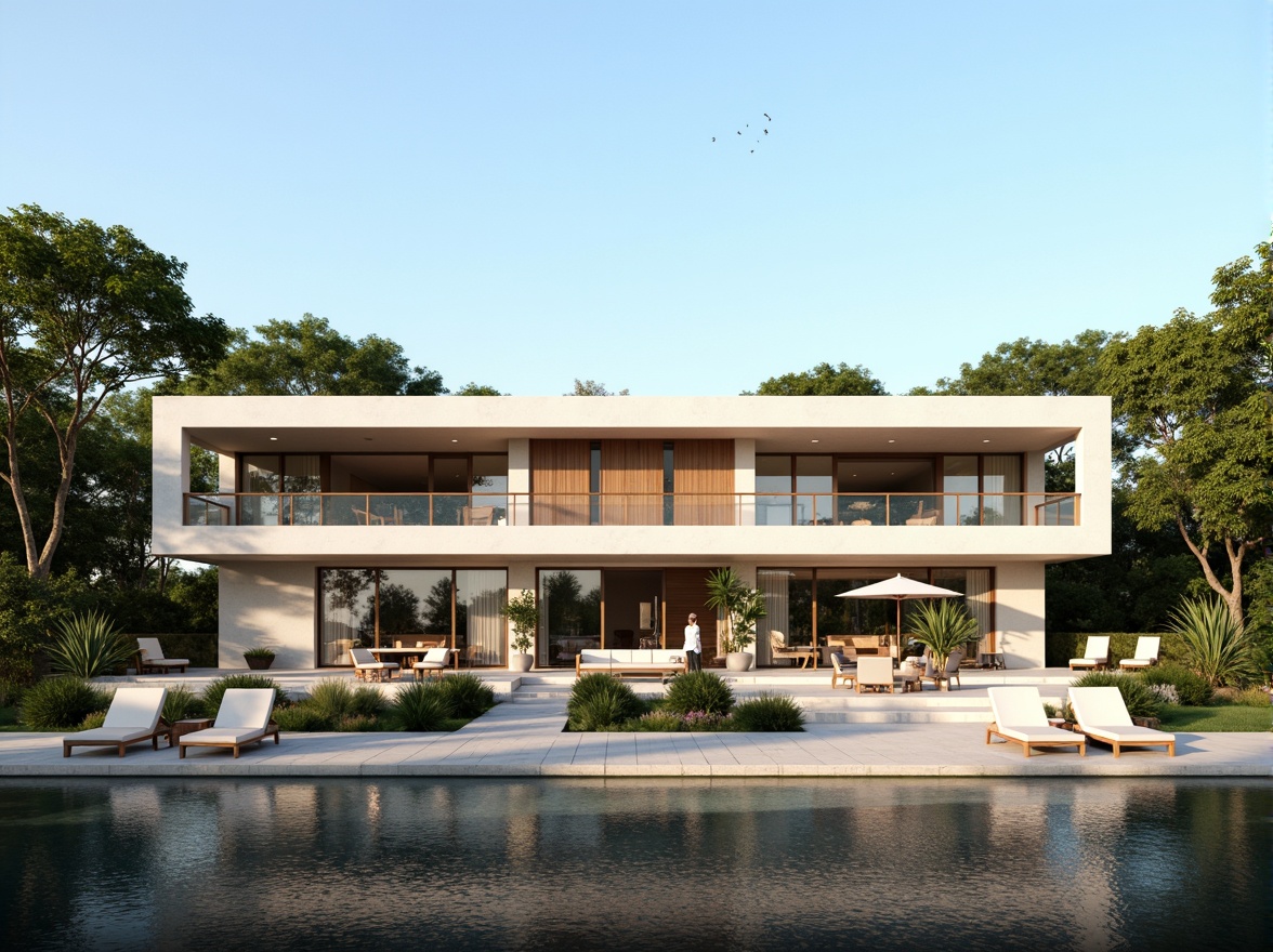 Prompt: Modern villa exterior, sleek lines, minimalist fa\u00e7ade, large windows, sliding glass doors, neutral color palette, creamy whites, soft grays, taupe beiges, earthy browns, subtle texture contrasts, natural stone accents, wood grain patterns, lush greenery surroundings, tropical plants, warm sunny day, gentle shadows, 1/1 composition, realistic renderings, ambient occlusion.