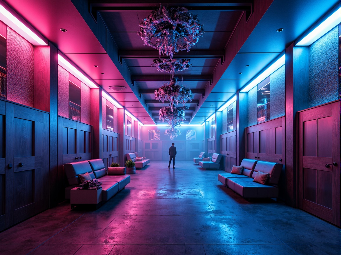 Prompt: Neon-lit corridors, glowing accents, metallic surfaces, holographic projections, ambient luminescence, futuristic chandeliers, LED strip lighting, fiber-optic ceilings, iridescent colors, high-tech materials, minimalist decor, sleek lines, geometric patterns, 3D-printed fixtures, softbox illumination, cinematic ambiance, dramatic shadows, atmospheric misting, cyberpunk-inspired aesthetics, luminous orbs, kinetic light installations, futuristic urban landscapes, dystopian cityscapes.