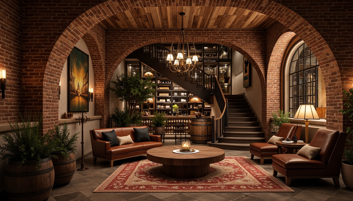 Prompt: Rustic wine cellar, distressed wooden planks, vintage wine barrels, dim warm lighting, earthy tones, natural stone walls, reclaimed wood accents, soft plush area rugs, ornate metal chandeliers, rich leather furnishings, elegant curved staircases, travertine flooring, herringbone pattern, aged brick arches, sophisticated wine storage systems, ambient candlelight, cozy seating areas, luxurious velvet drapes.