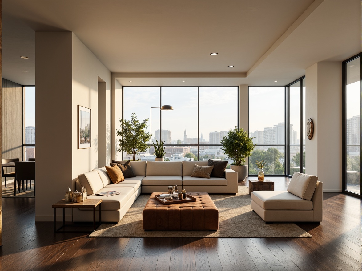 Prompt: Elegant living room, cream-colored walls, dark wood flooring, comfortable sectional sofas, tufted velvet ottomans, minimalist coffee tables, metallic lamp fixtures, soft warm lighting, natural fiber rugs, potted greenery, floor-to-ceiling windows, urban cityscape views, 1/1 composition, shallow depth of field, realistic textures, ambient occlusion.