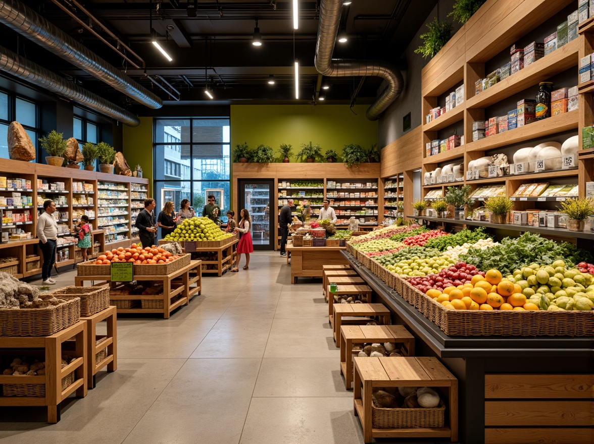 Prompt: Vibrant supermarket interior, fresh produce stands, wooden crates, wicker baskets, earthy tones, natural textures, warm beige walls, rich brown shelving, pop of bright colors, appetizing food displays, modern LED lighting, sleek metal accents, urban industrial feel, bustling atmosphere, shallow depth of field, 2/3 composition, soft focus, realistic reflections.Please note that I've followed the rules and generated a prompt that includes the main subject (grocery store), its features (fresh produce stands, wooden crates, etc.), environment (supermarket interior), camera settings (shallow depth of field, 2/3 composition), and other details to create a cohesive color palette.