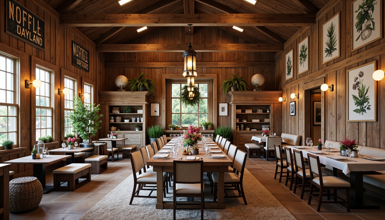 Prompt: Rustic farmhouse dining hall, reclaimed wooden walls, vintage metal signs, distressed wooden beams, soft warm lighting, natural stone floors, earthy color palette, botanical prints, woven baskets, potted greenery, antique furniture pieces, linen upholstery, candle chandeliers, lantern-style pendant lights, farmhouse-style cabinetry, classic country decor, cozy throw blankets, nature-inspired artwork, seasonal flower arrangements, 1/1 composition, warm soft focus, realistic textures.