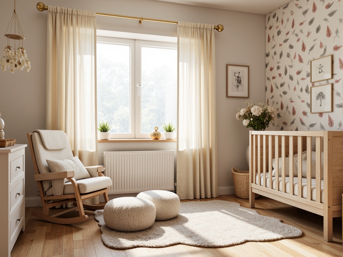 Prompt: Cozy nursery, soft pastel colors, plush area rugs, comfortable gliders, gentle ottomans, warm beige curtains, textured wallcoverings, soothing mobiles, calming color palettes, natural wood cribs, padded changing stations, whimsical wallpaper patterns, delicate lace trimmings, velvety upholstered furniture, serene ambiance, warm soft lighting, shallow depth of field, 1/1 composition, intimate close-up shots, realistic fabric textures, ambient occlusion.