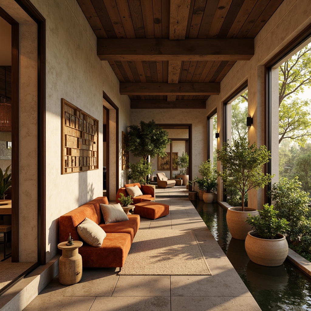 Prompt: Rich velvet fabrics, warm beige walls, soft cream accents, distressed wood furniture, industrial metal frames, natural stone flooring, earthy terracotta pots, lush greenery, calming water features, serene ambiance, warm golden lighting, shallow depth of field, 1/1 composition, realistic textures, ambient occlusion.