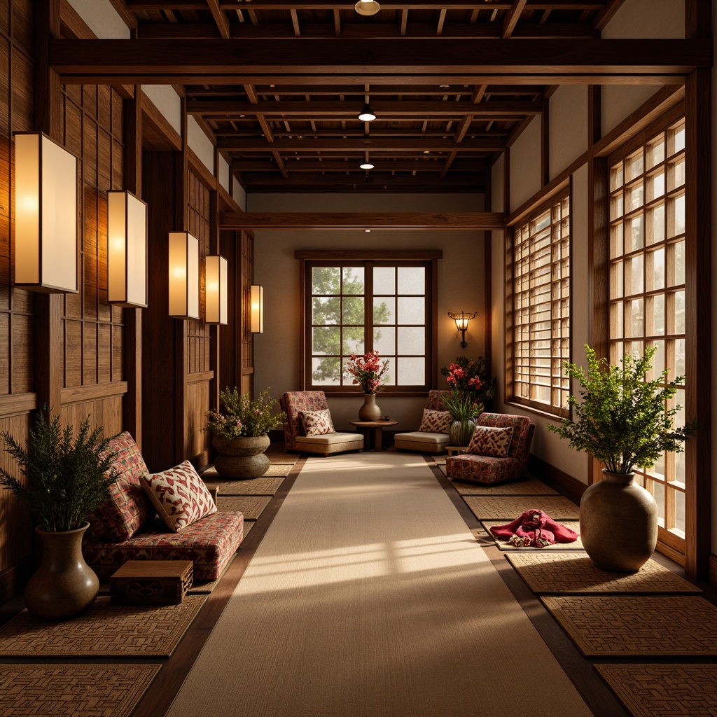 Prompt: Intricate wood carvings, rich silk fabrics, delicate paper lanterns, natural stone walls, woven bamboo mats, ornate bronze fixtures, vibrant ceramic vases, exotic flower arrangements, soft rice paper screens, traditional Japanese shoji doors, warm candle lighting, subtle incense aromas, 1/1 composition, shallow depth of field, realistic textures, ambient occlusion.