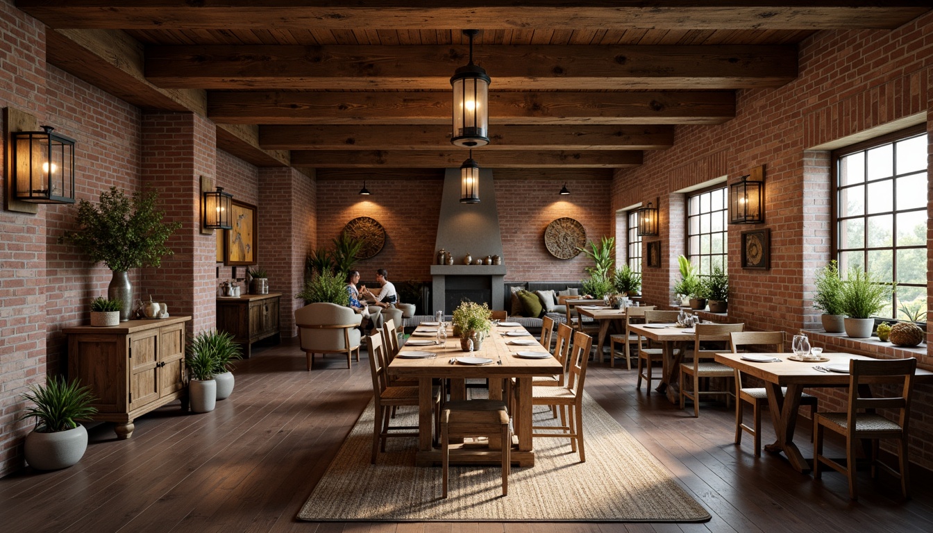 Prompt: Rustic farmhouse dining hall, wooden beams, distressed wood accents, vintage metal lanterns, earthy color palette, natural textiles, woven baskets, potted greenery, antique furniture pieces, brick red walls, wooden farm tables, mismatched chairs, soft candlelight, warm cozy atmosphere, shallow depth of field, 1/1 composition, realistic textures, ambient occlusion.