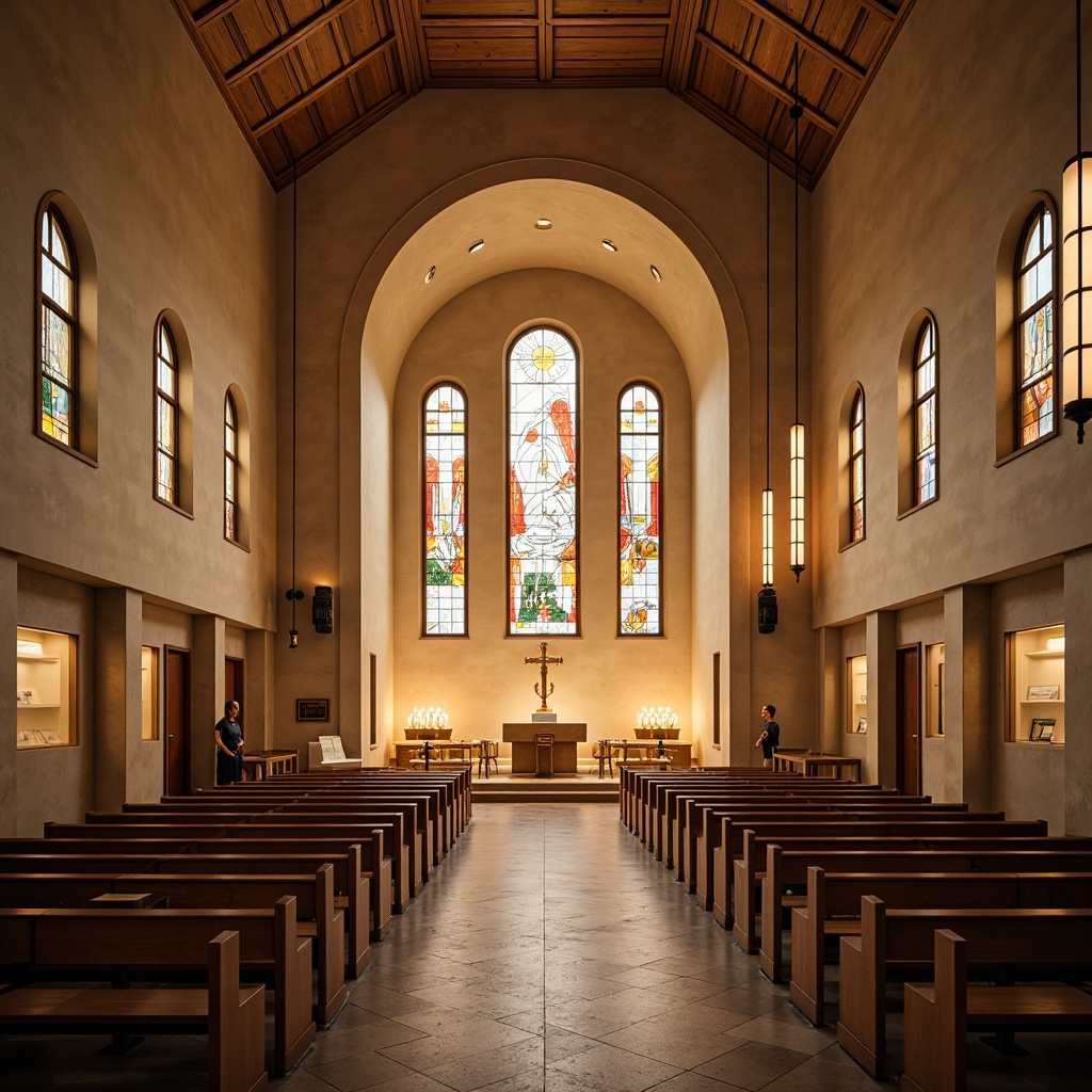 Prompt: Contemporary church interior, stained glass windows, warm soft lighting, LED candles, ambient ceiling lights, wooden pews, minimalist altar design, subtle color scheme, natural stone flooring, abstract geometric patterns, gentle spotlighting, dramatic vaulted ceiling, grand entrance doors, ornate metal fixtures, serene atmosphere, peaceful ambiance, warm beige tones, soft shadows, 1/2 composition, realistic textures, high dynamic range.