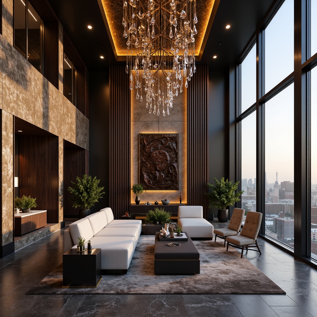 Prompt: Luxurious penthouse interior, textured walls, 3D embossed patterns, metallic accents, modern minimalist decor, sleek lines, marble flooring, crystal chandeliers, floor-to-ceiling windows, breathtaking cityscape views, soft warm lighting, atmospheric ambiance, rich wood tones, velvet furnishings, plush area rugs, avant-garde artwork, urban chic style, sophisticated color palette, high-end finishes, dramatic ceiling heights.