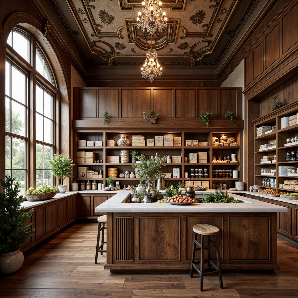 Prompt: Elegant neoclassical grocery store, ornate wooden shelves, marble countertops, crystal chandeliers, classic columns, arched windows, rustic wooden crates, vintage metal lanterns, distressed leather armchairs, polished bronze fixtures, intricately carved wooden accents, soft warm lighting, 1/1 composition, shallow depth of field, realistic textures, ambient occlusion.