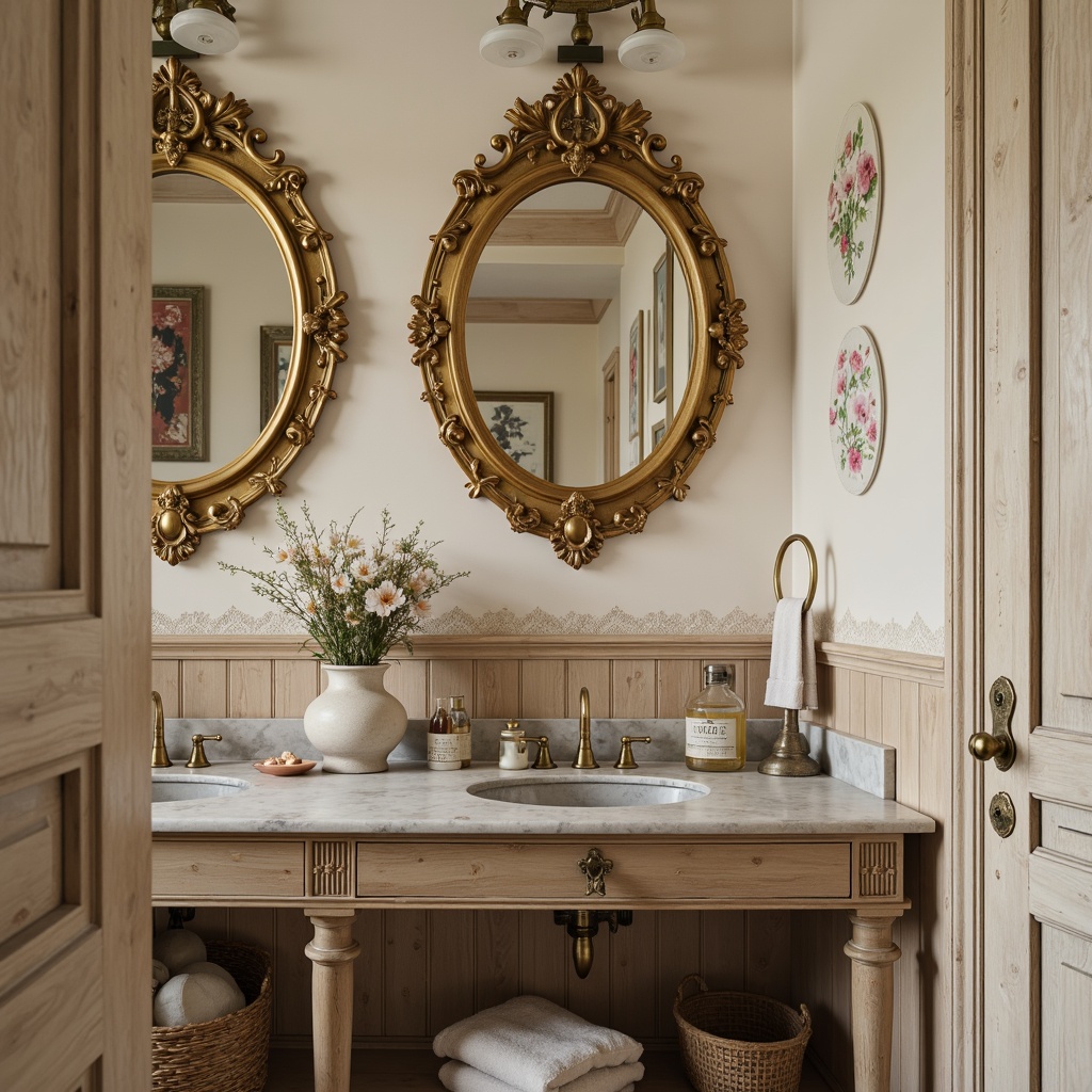 Prompt: Rustic powder room, soft cream walls, distressed wood accents, ornate gold mirrors, delicate floral patterns, lace trim details, vintage perfume bottles, antique furniture pieces, distressed metal hardware, woven baskets, natural linen fabrics, warm candlelight, 1/1 composition, intimate atmosphere, soft focus, shallow depth of field.