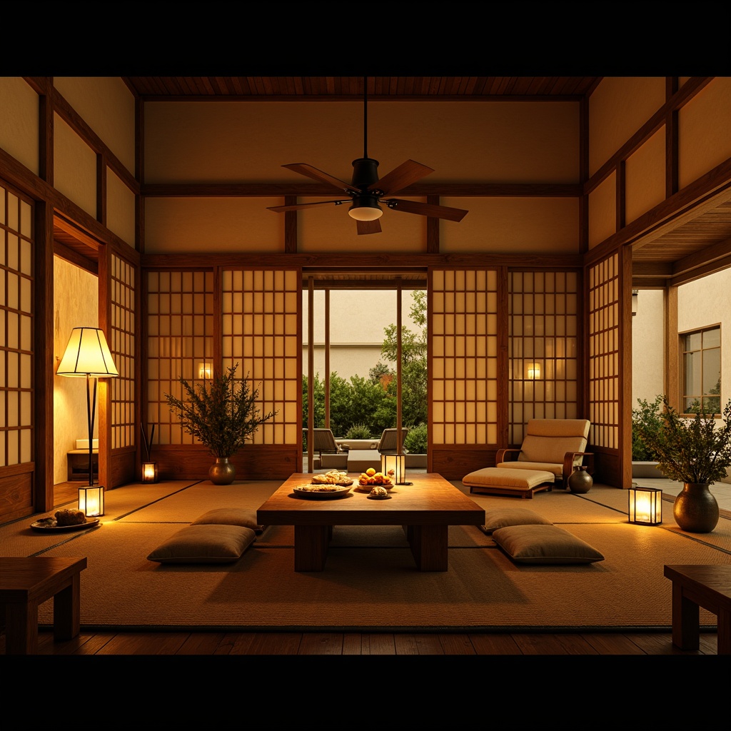 Prompt: Warm ambient lighting, soft golden glow, traditional Asian lanterns, paper lanterns, candles, natural wood accents, bamboo textures, rice paper screens, shoji doors, sliding panels, minimalist decor, low seating areas, tatami mats, Japanese-inspired gardens, serene water features, subtle color palette, warm beige tones, earthy brown hues, soft shadows, 1/1 composition, intimate atmosphere, realistic rendering.