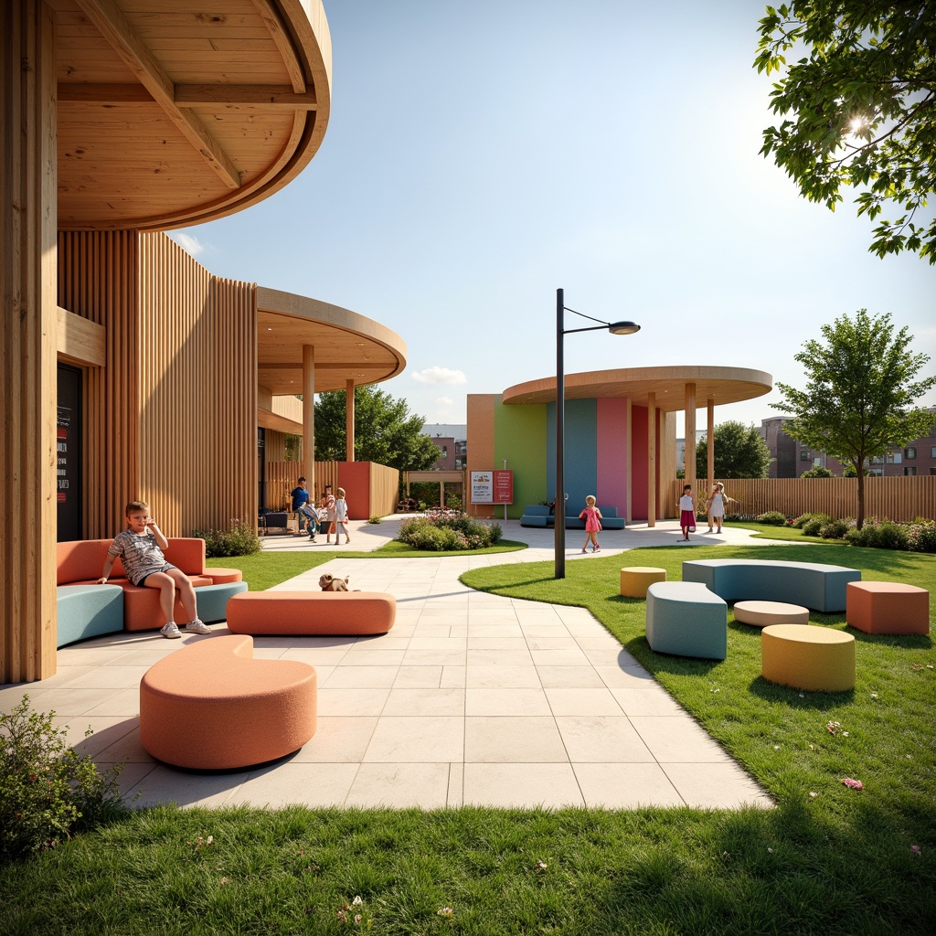 Prompt: Vibrant kindergarten playground, modern streamline design, curved wooden structures, colorful geometric shapes, soft rubber flooring, educational signage, interactive play equipment, sensory play areas, reading nooks, cozy cushions, natural light pouring in, minimalist decor, Scandinavian-inspired furniture, pastel-colored walls, rounded corners, safe and secure fencing, artificial turf, blooming flowers, sunny day, warm soft lighting, shallow depth of field, 3/4 composition, panoramic view, realistic textures, ambient occlusion.