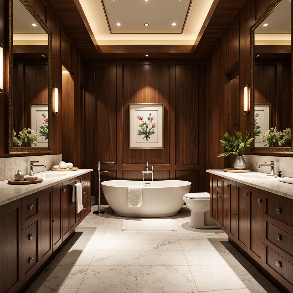 Prompt: Elegant academic bathroom, rich wood tones, ornate mirrors, bespoke cabinetry, Carrara marble countertops, freestanding tubs, rain showerheads, handheld shower wands, heated floors, ambient LED lighting, minimalist chrome fixtures, framed artwork, botanical prints, neutral color palette, soft warm textures, shallow depth of field, 1/2 composition, realistic reflections, subtle rim lighting.