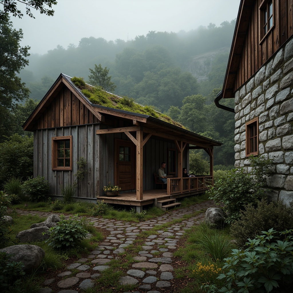 Prompt: Rustic wooden cabin, distressed textures, weathered stone walls, earthy tones, natural materials, moss-covered roofs, overgrown vegetation, misty atmosphere, warm soft lighting, cinematic composition, 1/1 aspect ratio, shallow depth of field, realistic render, ambient occlusion, subtle normal mapping, detailed surface imperfections.