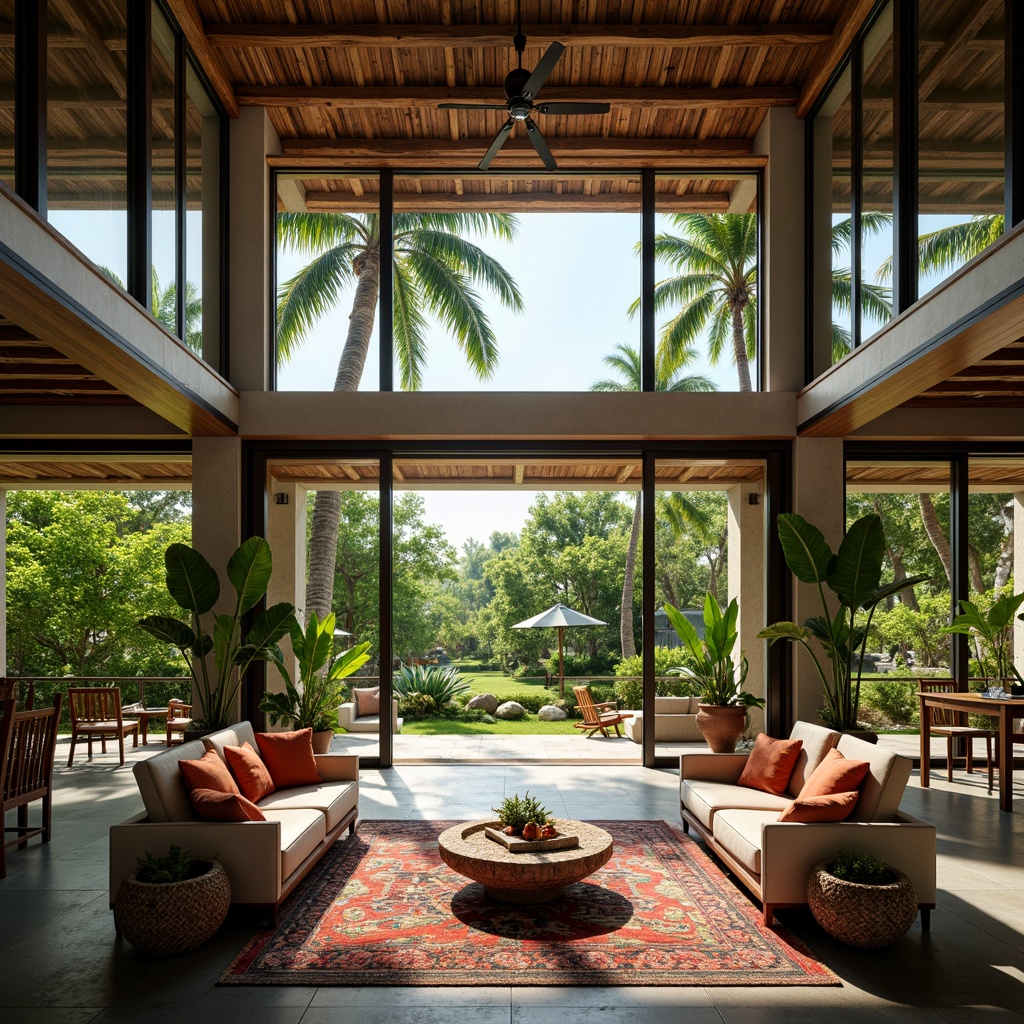 Prompt: Tropical open-plan living space, high ceilings, large windows, sliding glass doors, lush greenery, palm trees, natural stone flooring, wooden accents, rattan furniture, vibrant colorful textiles, exotic patterned rugs, ambient warm lighting, soft breezy atmosphere, 3/4 composition, shallow depth of field, panoramic view, realistic textures, minimalist decor, airy feel, relaxed ambiance, serene getaway.