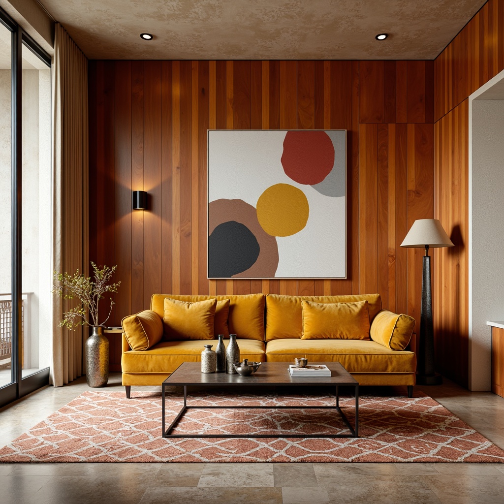 Prompt: Vibrant living room, rich wood paneling, warm beige walls, plush velvet sofa, geometric patterned rug, modern minimalist coffee table, metallic lamp fixtures, abstract art pieces, natural stone flooring, soft diffused lighting, 1/2 composition, shallow depth of field, realistic textures, ambient occlusion.