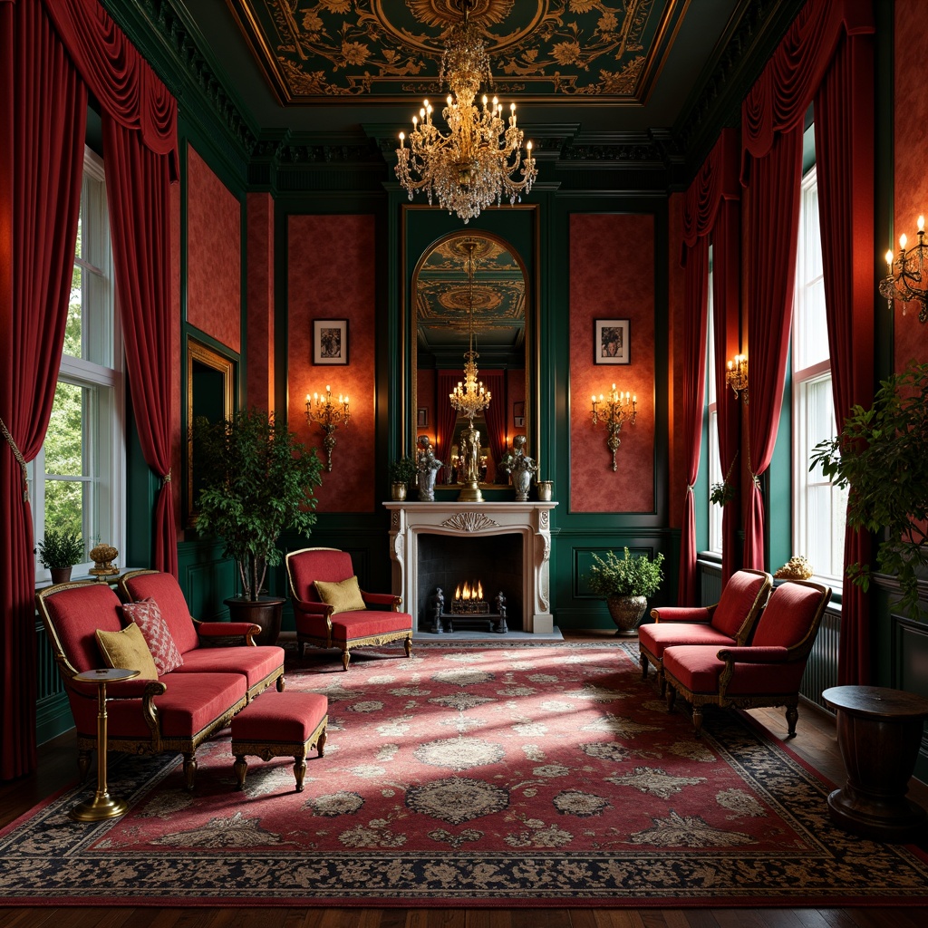 Prompt: Luxurious Victorian mansion, rich jewel-toned walls, deep crimson reds, emerald greens, navy blues, warm golden yellows, ornate furnishings, intricate patterns, velvet drapes, crystal chandeliers, marble fireplaces, dark wood paneling, ornamental moldings, lavish textures, dramatic lighting, 1/2 composition, low-key ambiance, mysterious shadows, realistic reflections.