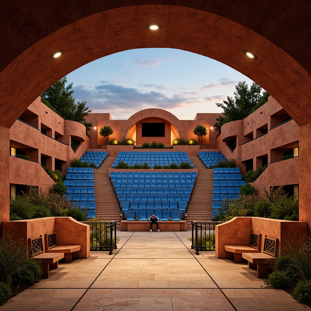 Prompt: Vibrant amphitheater, gradient blue seats, warm golden stage lights, rich terracotta stone walls, lush green grassy slopes, natural wooden benches, earthy tone walkways, ornate metal railings, soft sunset ambiance, dramatic spotlights, 3/4 composition, symmetrical architecture, curved lines, modern minimalist design, comfortable seating areas, relaxed atmosphere, warm beige flooring, rustic texture accents.