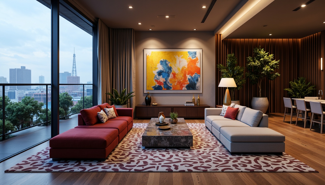 Prompt: Luxurious living room, velvet sofas, marble coffee tables, geometric patterned rugs, metallic accents, ambient lighting, floor-to-ceiling windows, urban cityscape views, modern minimalist decor, bold colorful artwork, statement walls, abstract patterns, natural wood flooring, sophisticated textiles, subtle sheen finishes, 1/1 composition, softbox lighting, high-contrast colors.