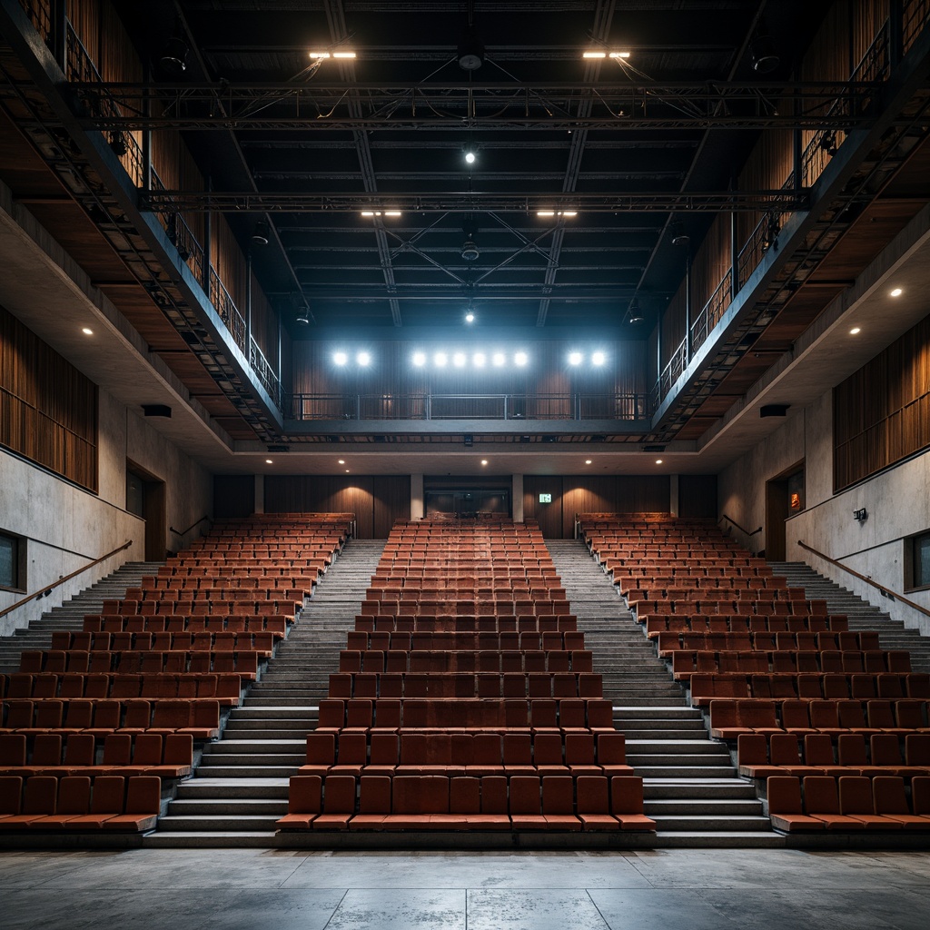 Prompt: Raked seating, tiered levels, cantilevered balconies, minimalist metal frames, industrial-style lighting, exposed concrete walls, functional simplicity, rectangular shapes, bold color accents, geometric patterns, asymmetrical composition, dramatic spotlights, low-key ambient illumination, 1/1 aspect ratio, realistic textures, subtle material reflections.