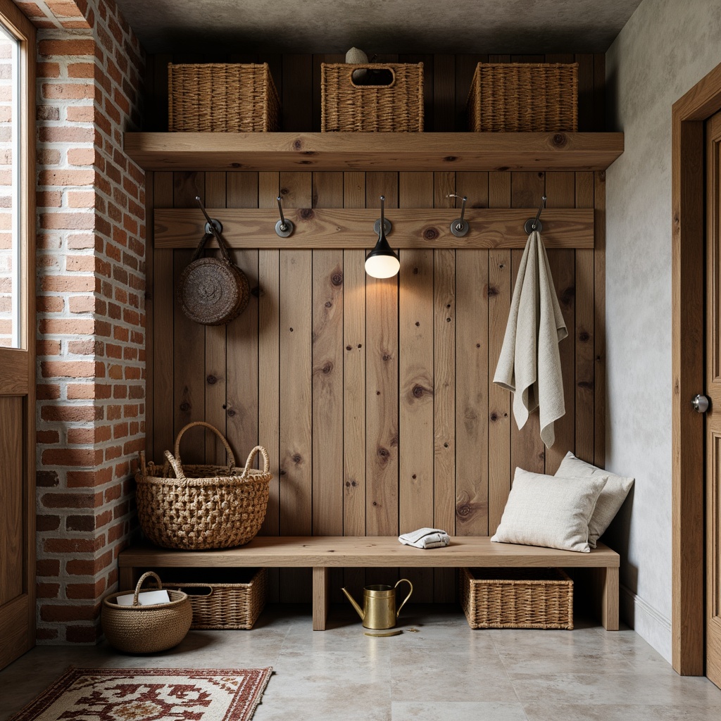 Prompt: Rustic mudroom, reclaimed wood walls, distressed wooden planks, earthy tones, natural textures, woven baskets, vintage metal hooks, industrial-style lighting, concrete floors, urban loft vibe, exposed brick accents, geometric patterned rugs, modern minimalist decor, warm cozy atmosphere, softbox lighting, 1/1 composition, realistic materials.