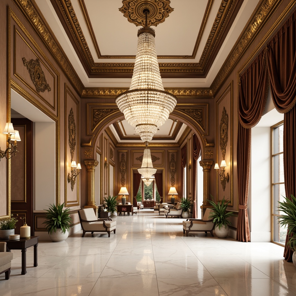 Prompt: Elegant crystal chandeliers, ornate bronze sconces, refined pendant lights, luxurious gold leaf accents, creamy white marble floors, intricately carved wooden panels, rich velvet drapes, majestic high ceilings, symmetrical compositions, subtle warm glow, softbox lighting, 1/2 composition, realistic reflections, ambient occlusion.