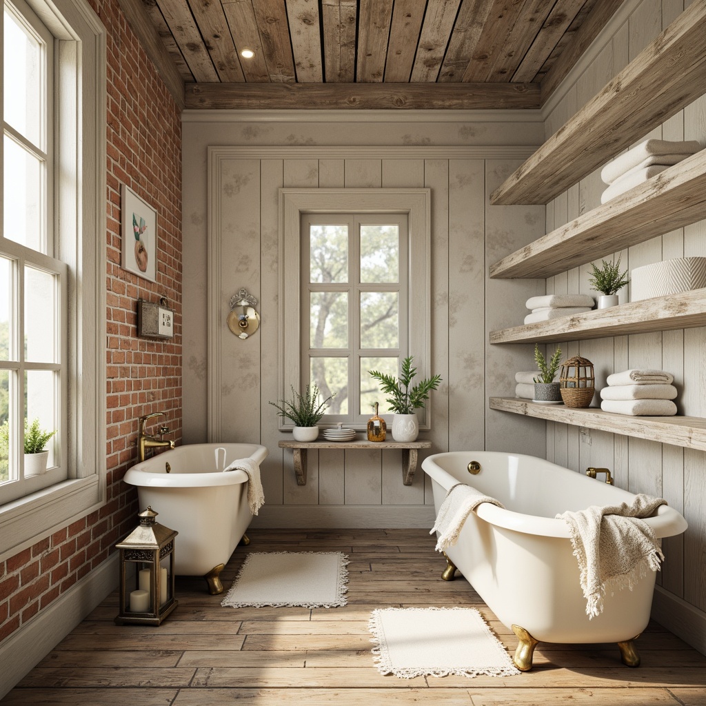 Prompt: Soft pastel hues, distressed wood accents, vintage metal fixtures, lace trim details, floral patterns, white linen fabrics, rustic wooden shelves, worn brick walls, creamy porcelain tubs, ornate metal lanterns, gentle warm lighting, shallow depth of field, 1/1 composition, realistic textures, ambient occlusion.