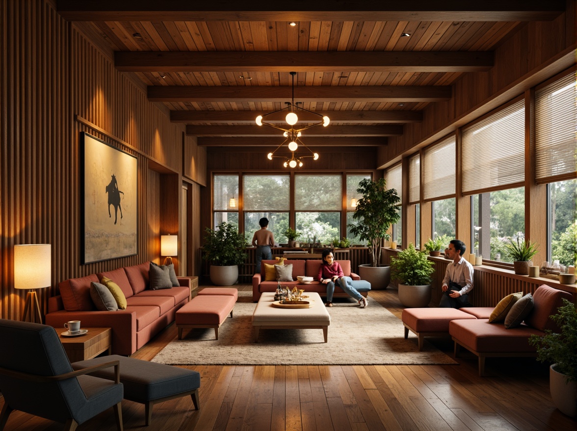 Prompt: Cozy community space, mid-century modern interior, warm ambient lighting, table lamps, floor lamps, pendant lights, natural textiles, wooden accents, earthy tones, comfortable seating areas, minimalist decor, geometric patterns, large windows, soft diffused light, gentle shadows, 1/1 composition, realistic rendering, subtle color grading.