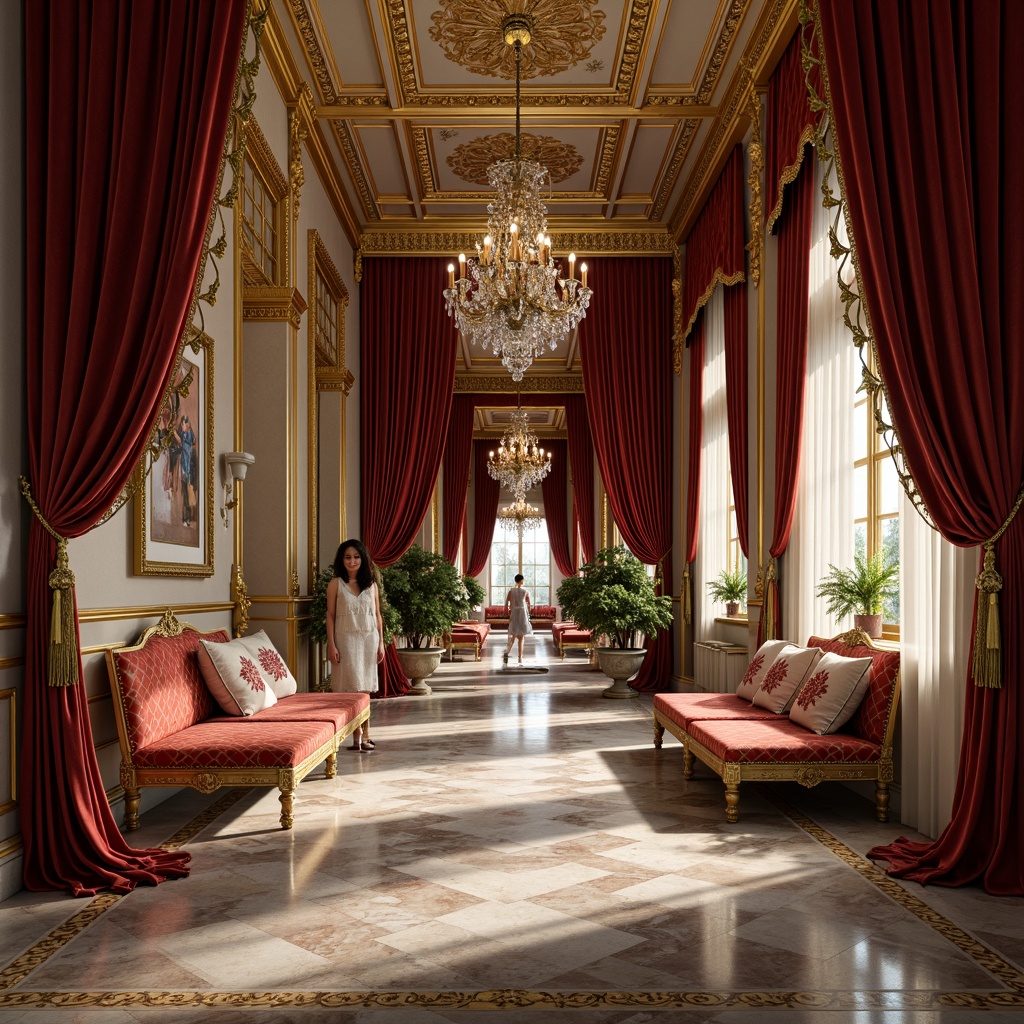 Prompt: Intricate ornate details, lavish furnishings, luxurious materials, velvet drapes, gilded frames, crystal chandeliers, marble floors, ornamental patterns, floral motifs, scrolling acanthus leaves, curved lines, symmetrical compositions, warm golden lighting, soft focus, shallow depth of field, 1/1 composition, realistic textures, ambient occlusion.