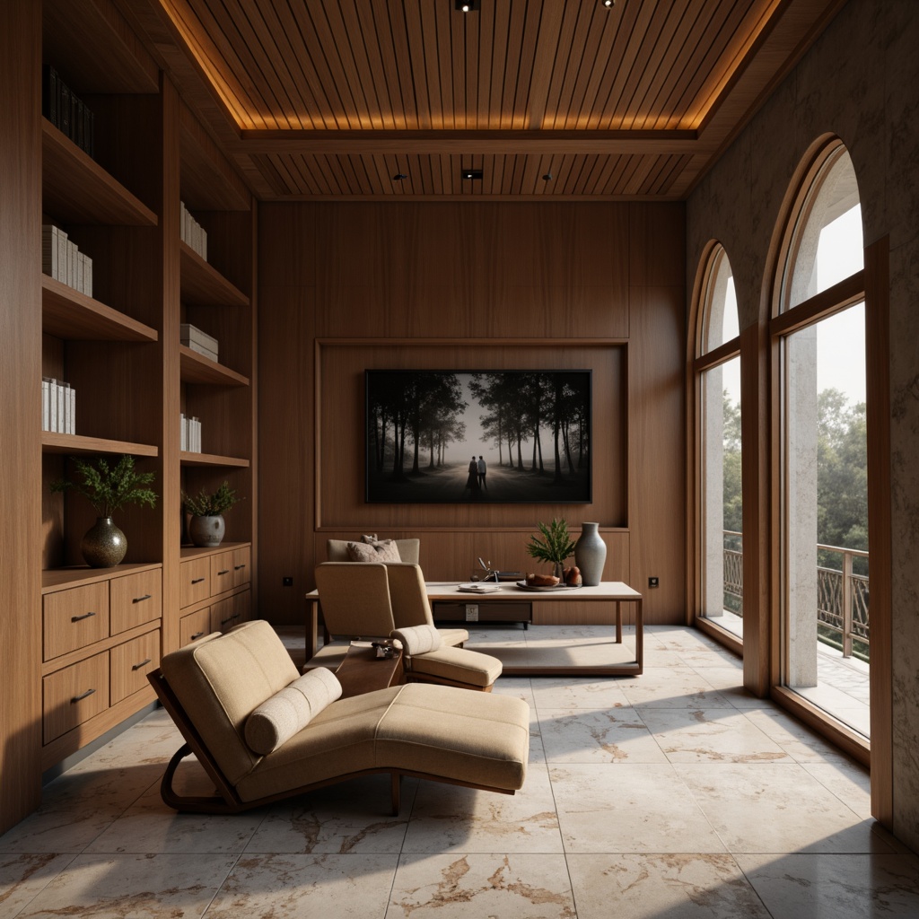 Prompt: Modern interior design, sleek lines, minimalist aesthetic, luxurious atmosphere, high-end materials, rich wood tones, polished marble surfaces, metallic accents, soft velvet fabrics, ambient lighting, warm color palette, 3/4 composition, shallow depth of field, realistic textures, soft focus background.