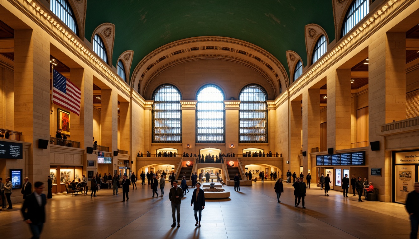 Prompt: Grand central train station, high ceilings, ornate chandeliers, classic architectural details, intricate moldings, wooden paneling, vintage luggage racks, antique clocks, warm lighting, cozy atmosphere, academic-inspired color schemes, rich wood tones, earthy hues, industrial-chic metal beams, exposed ductwork, modern minimalist seating areas, sleek information displays, futuristic ticketing systems, bustling pedestrian traffic, shallow depth of field, 2/3 composition, symmetrical framing, realistic textures, ambient occlusion.