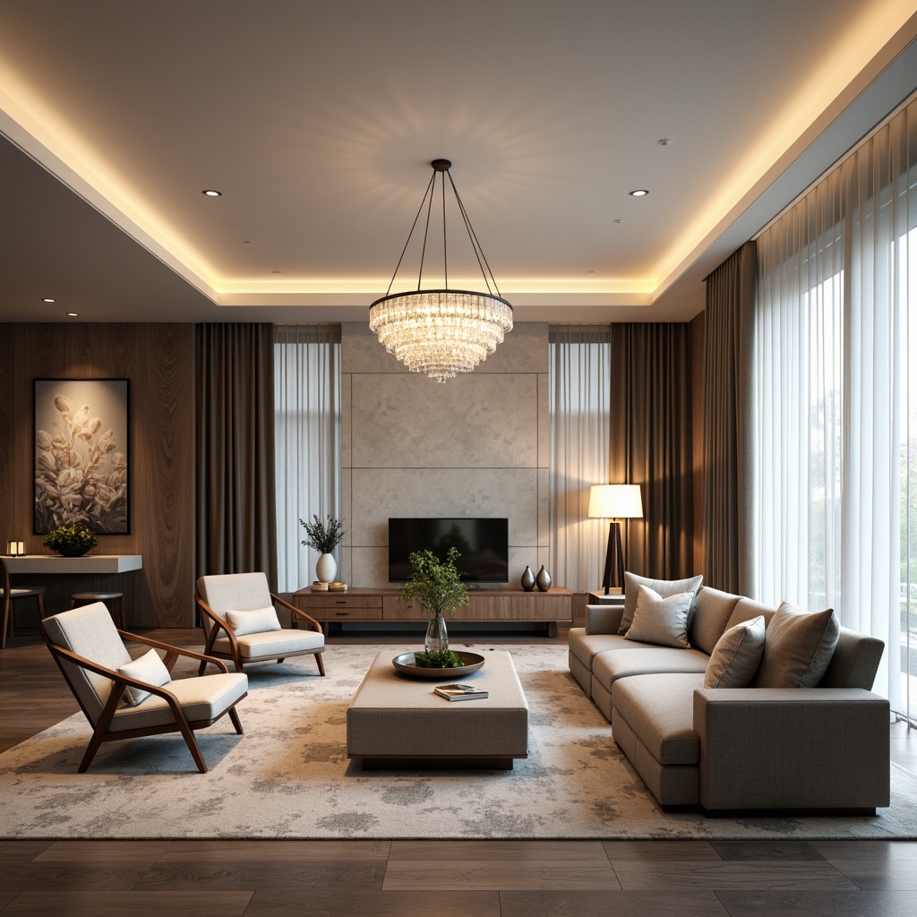 Prompt: Elegant living room, neutral color palette, comfortable seating, luxurious fabrics, statement lighting fixtures, crystal chandeliers, modern table lamps, sleek floor lamps, warm soft glow, cozy ambiance, high ceilings, large windows, natural light, sheer curtains, subtle patterns, minimal ornamentation, 3/4 composition, realistic textures, ambient occlusion.