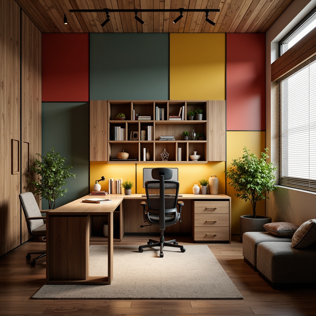 Prompt: Modern home office, sleek desk, ergonomic chair, adjustable lighting, minimalist decor, wooden shelves, metallic frames, comfortable sofa, vibrant accent walls, geometric patterns, natural wood textures, soft warm glow, shallow depth of field, 1/1 composition, realistic rendering, ambient occlusion, cozy atmosphere.