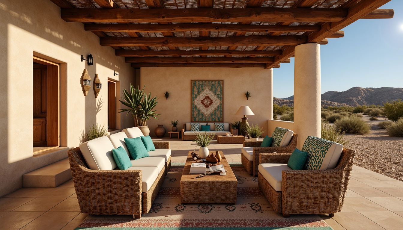 Prompt: Earth-toned adobe walls, natural stone floors, woven wicker furniture, plush southwestern-patterned textiles, vibrant turquoise accents, rustic wooden beams, traditional Native American-inspired patterns, warm golden lighting, soft shadowing, 1/1 composition, realistic textures, ambient occlusion, cozy intimate spaces, desert landscape views, cactus plants, sandy dunes, clear blue sky.