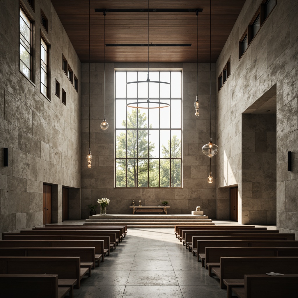 Prompt: Modern church interior, minimalist aesthetic, clean lines, monochromatic color scheme, textured stone walls, wooden accents, stained glass windows, abstract geometric patterns, indirect soft lighting, subtle shading, 3/4 composition, symmetrical framing, atmospheric misting, sacred ambiance, elegant simplicity, luxurious materials, metallic details, futuristic chandeliers, LED ambient lights, sleek benches, polished concrete floors.