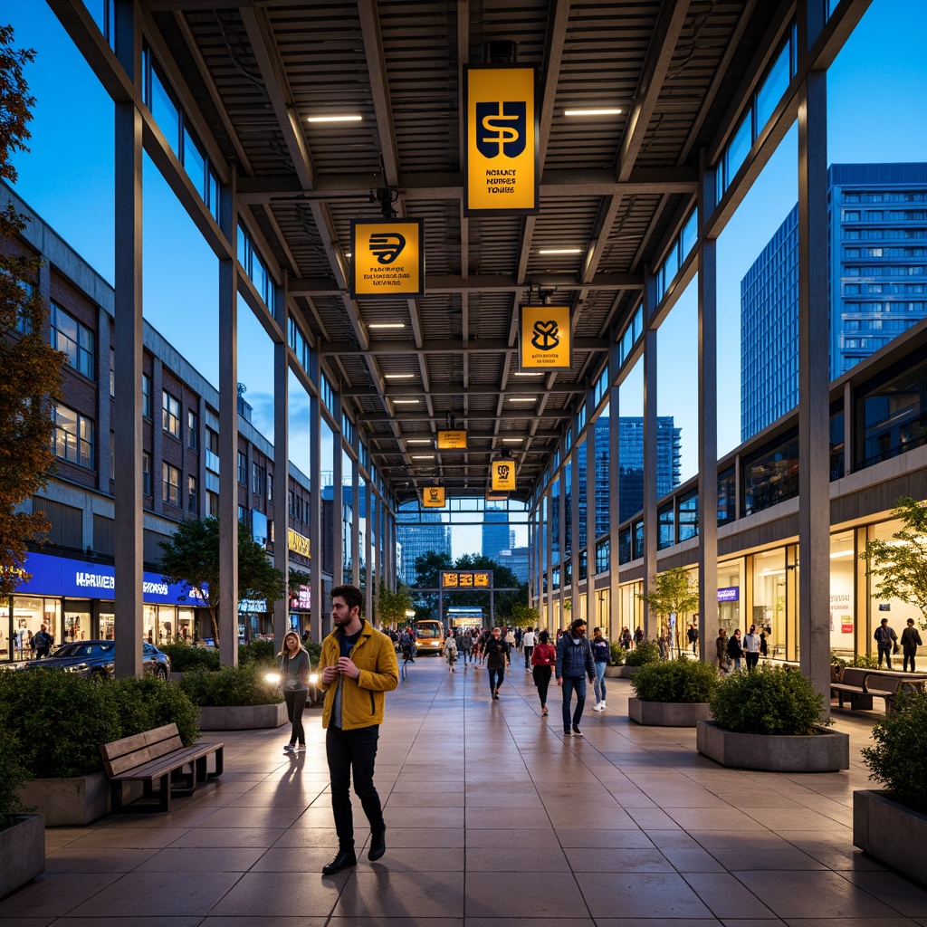 Prompt: Vibrant bus station, modern architecture, sleek metal columns, glass roofs, industrial chic aesthetic, concrete floors, bright LED lighting, bold typography, dynamic signage, urban landscape, bustling atmosphere, morning rush hour, natural stone accents, earthy tone color scheme, blue and yellow contrasting hues, energetic vibe, shallow depth of field, 1/1 composition, realistic textures, ambient occlusion.