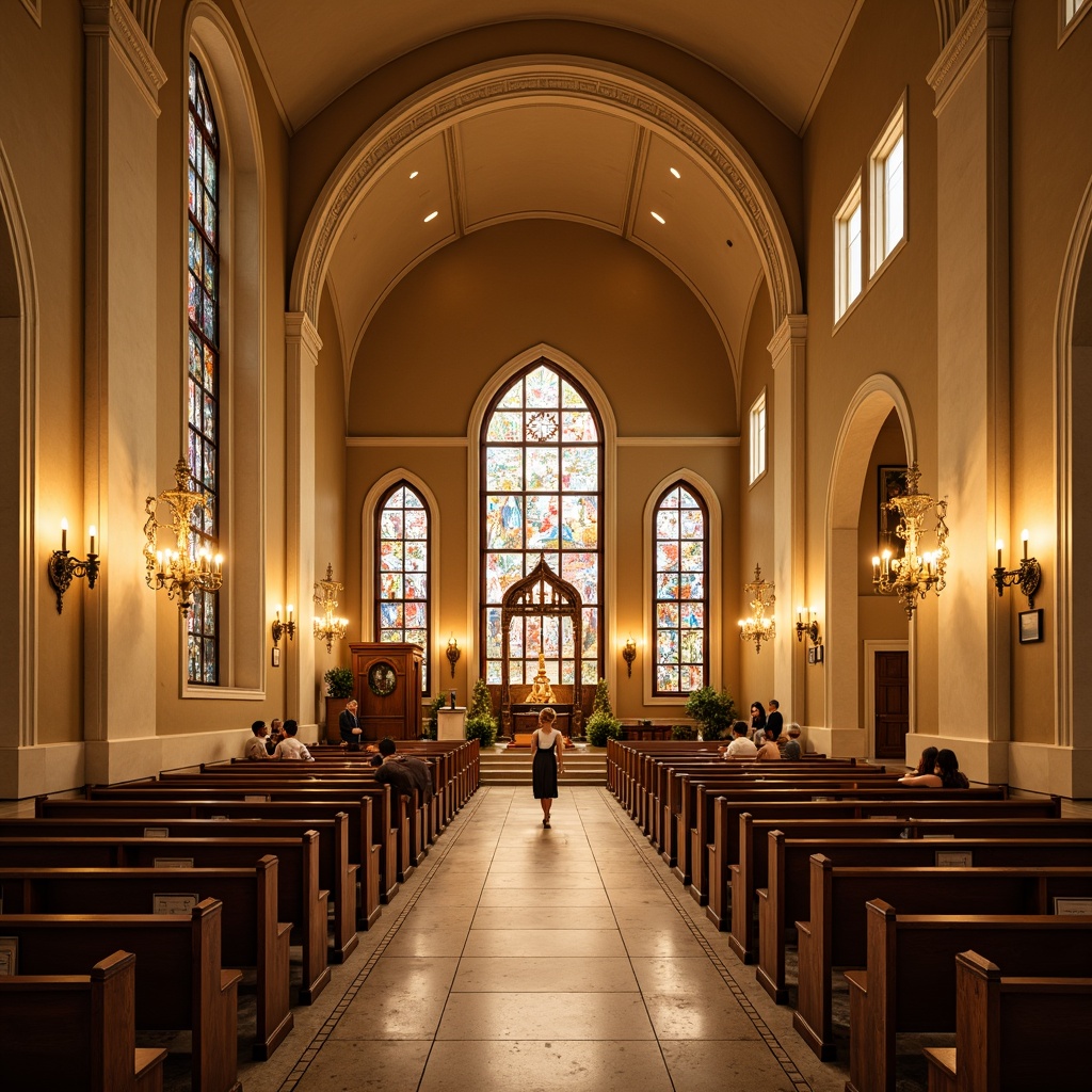 Prompt: Warm beige walls, soft golden lighting, rich wood tones, stained glass windows, elegant chandeliers, ornate pews, neutral stone flooring, vaulted ceilings, subtle crosses, serene ambiance, natural textures, earthy color scheme, calming atmosphere, gentle warm shadows, shallow depth of field, 2/3 composition, realistic render, ambient occlusion.