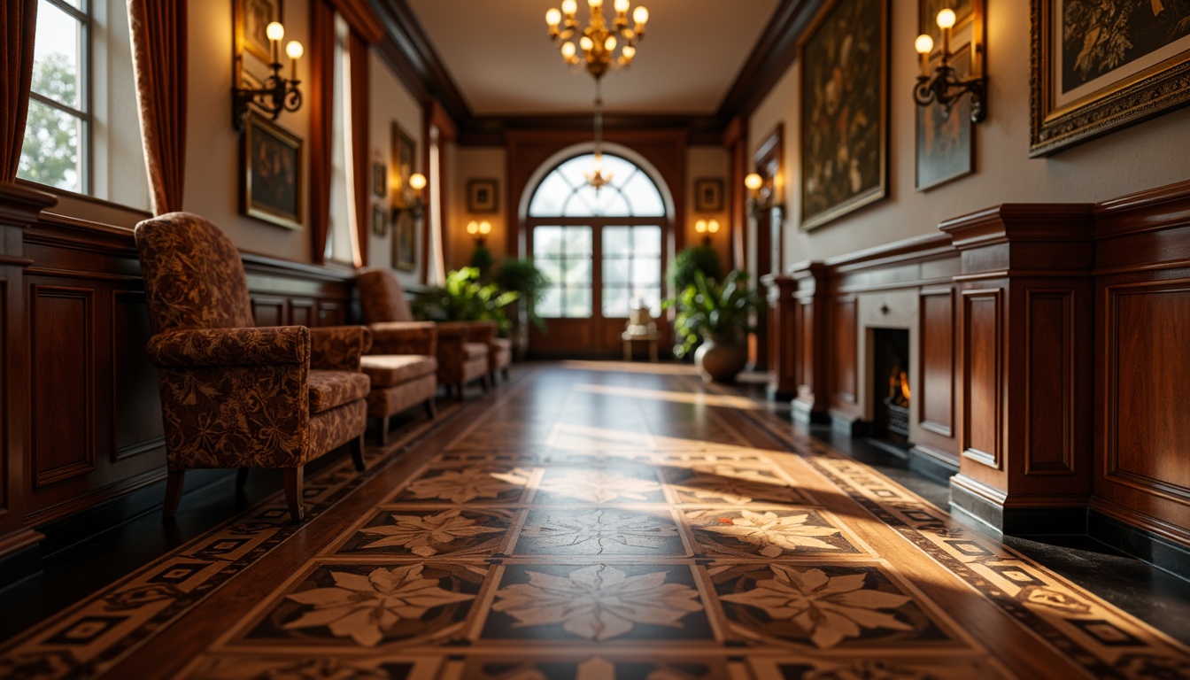 Prompt: Richly patterned hardwood floors, ornate inlays, dark wood tones, polished finishes, intricate parquetry designs, geometric motifs, high-gloss sheen, luxurious textures, traditional herringbone patterns, ornamental borders, soft warm lighting, shallow depth of field, 3/4 composition, realistic reflections, ambient occlusion, vintage-inspired furniture, opulent fabrics, lavish decor, grand chandeliers, stately fireplaces, regal color schemes.