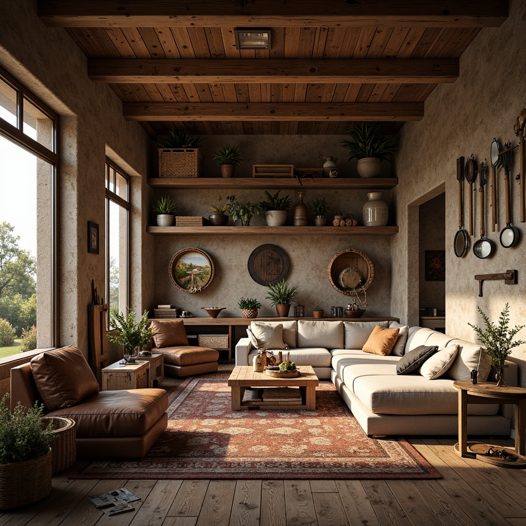 Prompt: Rustic farmhouse, vintage agricultural tools, reclaimed wood accents, plush sectional sofas, distressed leather armchairs, antique wooden coffee tables, woven wicker baskets, earthy color palette, natural textiles, potted plants, soft warm lighting, shallow depth of field, 3/4 composition, cinematic camera angles, realistic textures, ambient occlusion.