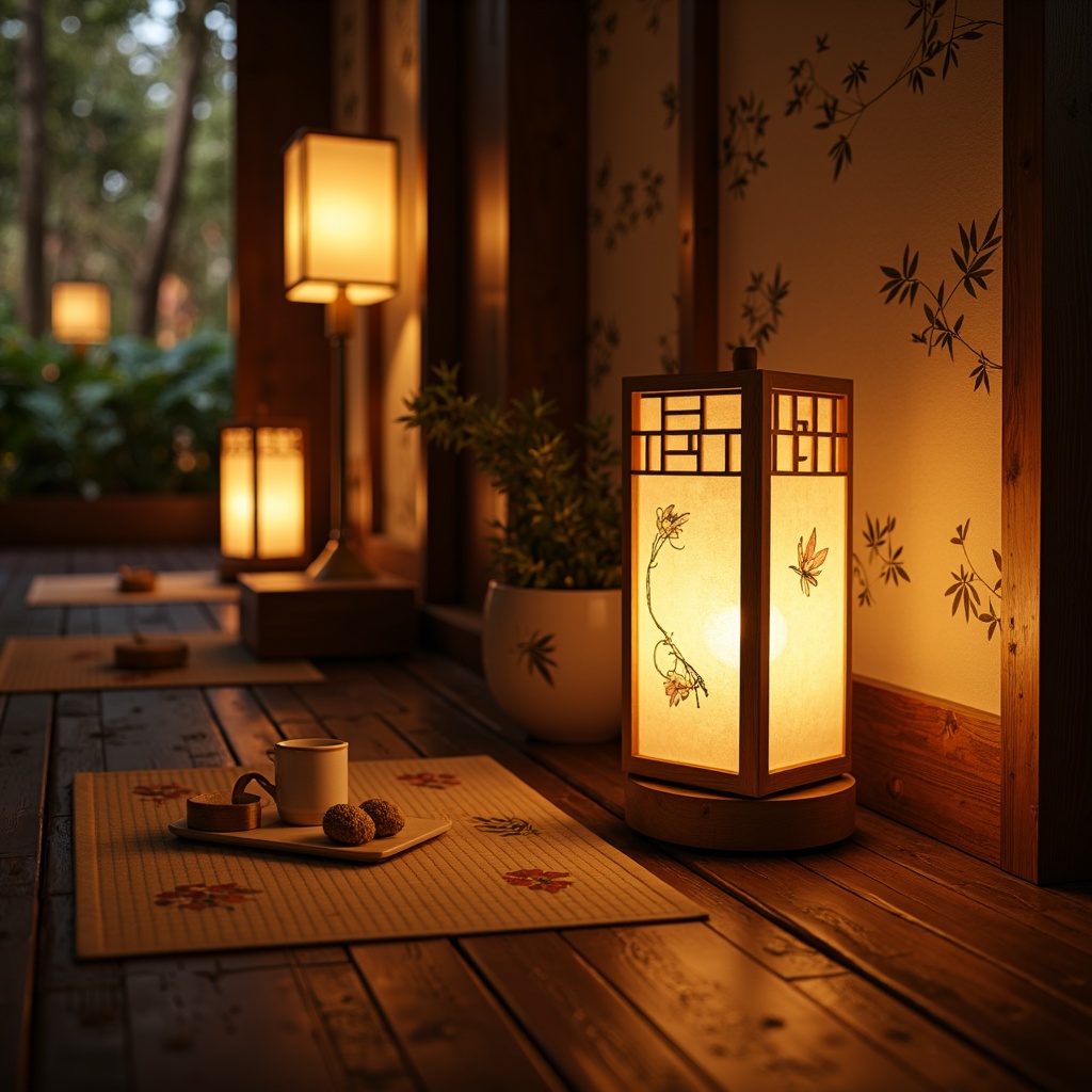 Prompt: Warm lanterns, soft paper lamps, natural wood accents, subtle rice paper shades, gentle candlelight, warm beige tones, intricate wooden carvings, hand-painted ceramic tiles, traditional Japanese tatami mats, serene bamboo forests, misty morning atmosphere, warm golden lighting, shallow depth of field, 1/2 composition, intimate setting, realistic textures, ambient occlusion.