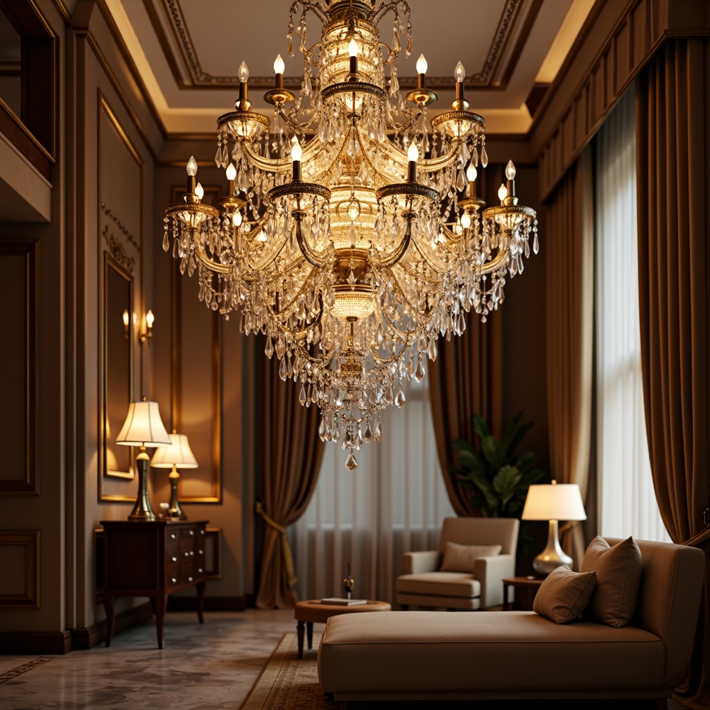 Prompt: Luxurious chandelier, crystal droplets, polished metal accents, soft warm glow, ambient lighting, elegant candlesticks, ornate sconces, refined floor lamps, sophisticated table lamps, lavish pendant lights, opulent ceiling fixtures, luxurious fabrics, velvet drapes, marble floors, high-end interiors, 1/1 composition, shallow depth of field, soft focus, warm color tone.