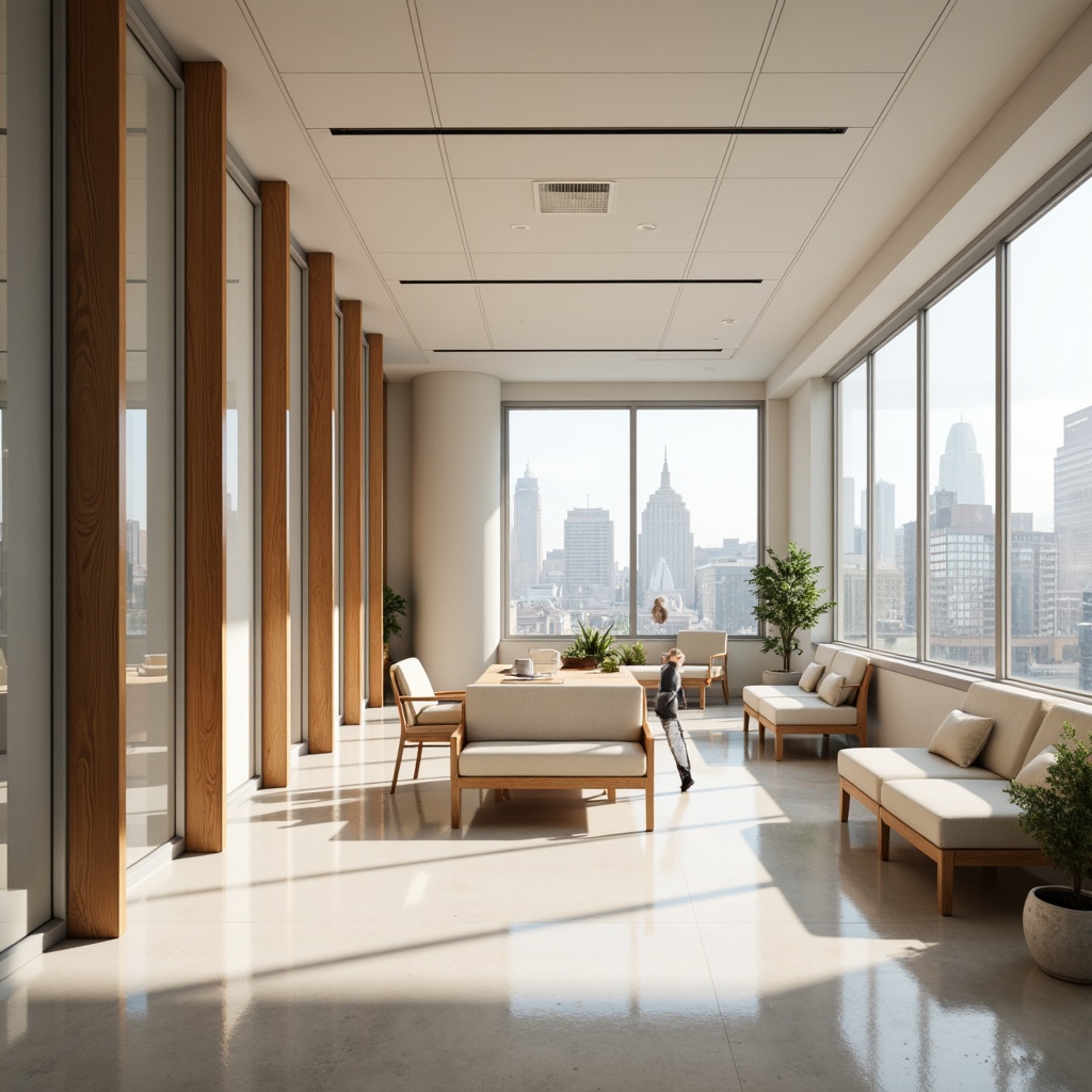 Prompt: Calming modern office space, soothing color palette, creamy whites, warm beige tones, rich wood accents, subtle gray undertones, minimalist decor, sleek metal frames, glass partitions, natural light pouring in, floor-to-ceiling windows, urban cityscape views, soft box lighting, 1/1 composition, realistic reflections, ambient occlusion.