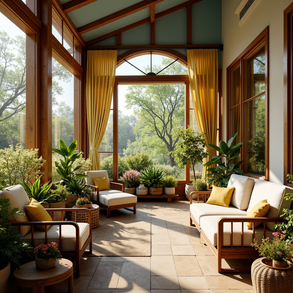 Prompt: Vibrant sunroom, warm natural light, lush greenery, blooming flowers, wooden accents, wicker furniture, rattan decorations, earthy tones, beige walls, sky blue ceiling, soft yellow curtains, cream-colored upholstery, natural textiles, woven baskets, potted plants, warm beige stone flooring, cozy reading nook, comfortable seating area, relaxed ambiance, soft warm lighting, shallow depth of field, 3/4 composition, panoramic view, realistic textures, ambient occlusion.