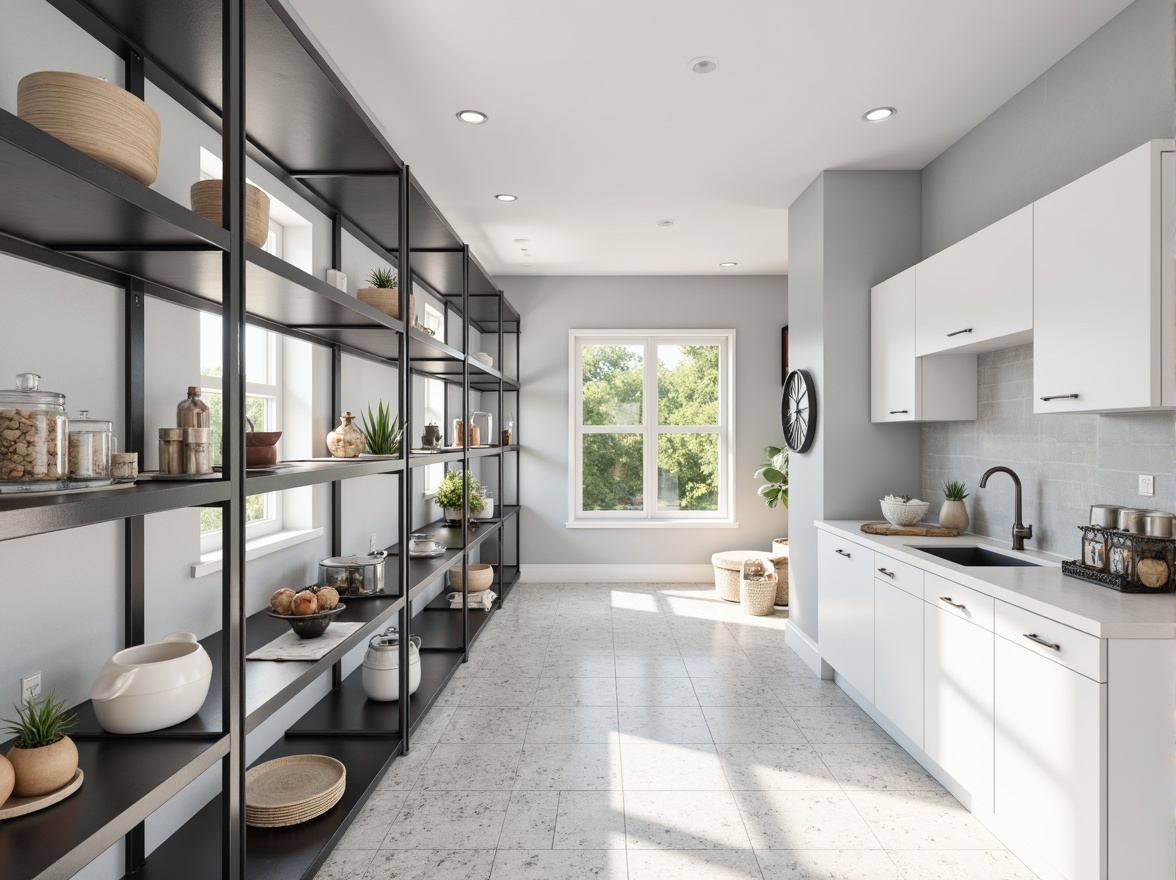 Prompt: Monochromatic pantry interior, clean lines, minimal ornamentation, industrial-style metal shelves, handle-less cabinets, geometric shapes, matte white finishes, functional simplicity, ample natural light, indirect warm lighting, 1/1 composition, symmetrical arrangement, subtle textures, realistic reflections, ambient occlusion.